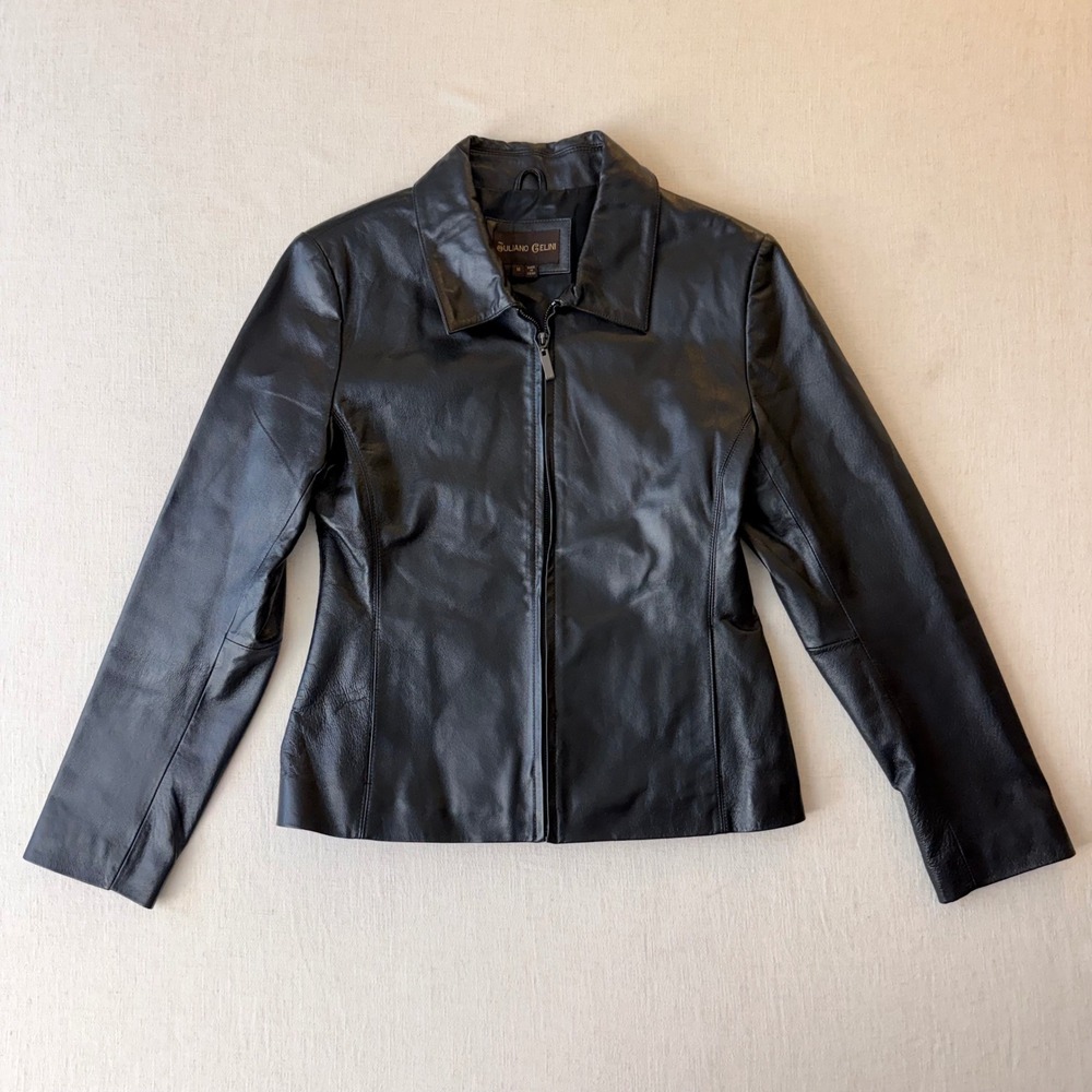 Juliano Celini Genuine Leather Minimalist Zip Up Jacket Womens Medium Black